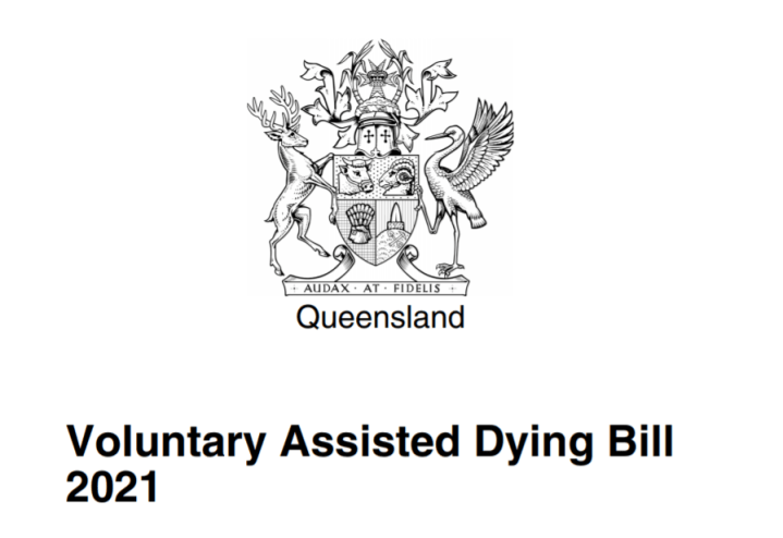 Screenshot of the front page of the Voluntary Assisted Dying Bill 2021 features the official crest of the Queensland Government.