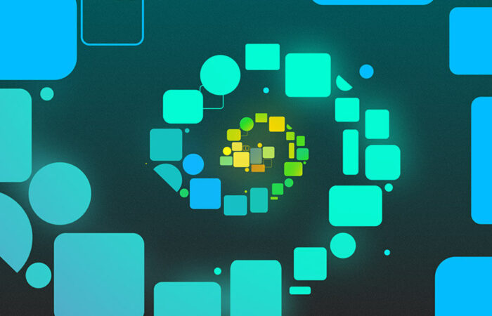 Spiral made out of smaller squares, circles and other shapes.