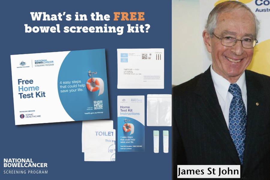 Composite image shows a portrait of James St John beside a promotion for a bowel cancer screening kit.